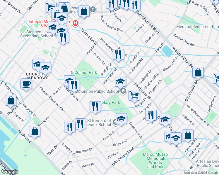 map of restaurants, bars, coffee shops, grocery stores, and more near 3285 Paul Henderson Drive in Mississauga