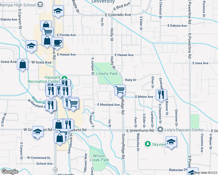 map of restaurants, bars, coffee shops, grocery stores, and more near 1721 SunnyRidge Road in Nampa