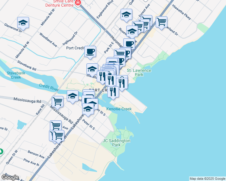 map of restaurants, bars, coffee shops, grocery stores, and more near 40 Stavebank Road South in Mississauga