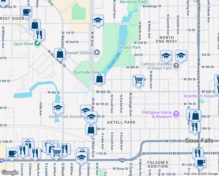 map of restaurants, bars, coffee shops, grocery stores, and more near 300-398 N Covell Ave in Sioux Falls