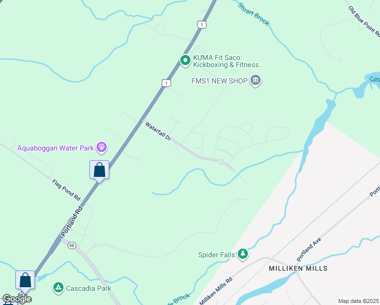map of restaurants, bars, coffee shops, grocery stores, and more near Waterfall Drive in Saco