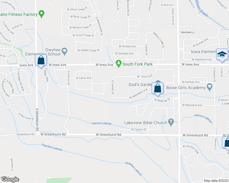 map of restaurants, bars, coffee shops, grocery stores, and more near 1800 South Camas Street in Nampa