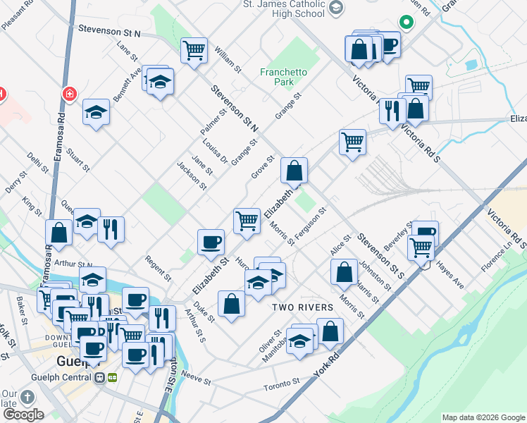 map of restaurants, bars, coffee shops, grocery stores, and more near 174 Elizabeth Street in Guelph
