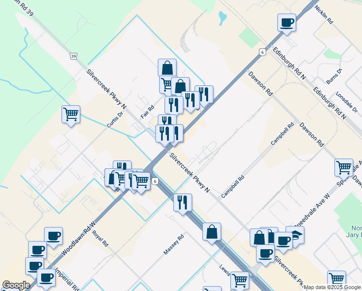 map of restaurants, bars, coffee shops, grocery stores, and more near 485 Silvercreek Parkway North in Guelph