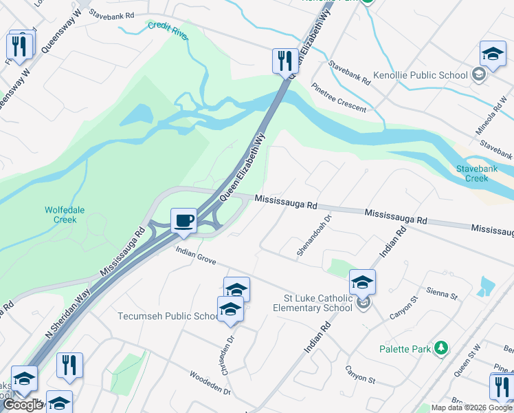 map of restaurants, bars, coffee shops, grocery stores, and more near 1544 Wateska Boulevard in Mississauga