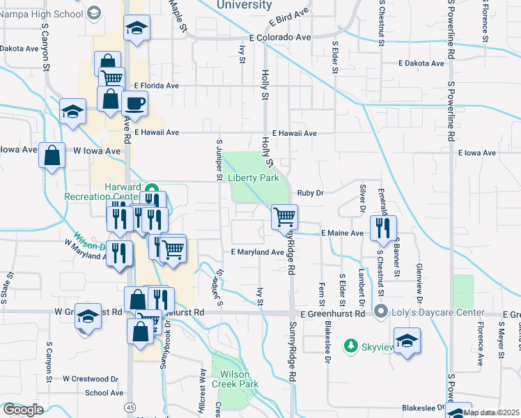 map of restaurants, bars, coffee shops, grocery stores, and more near 1717 SunnyRidge Road in Nampa