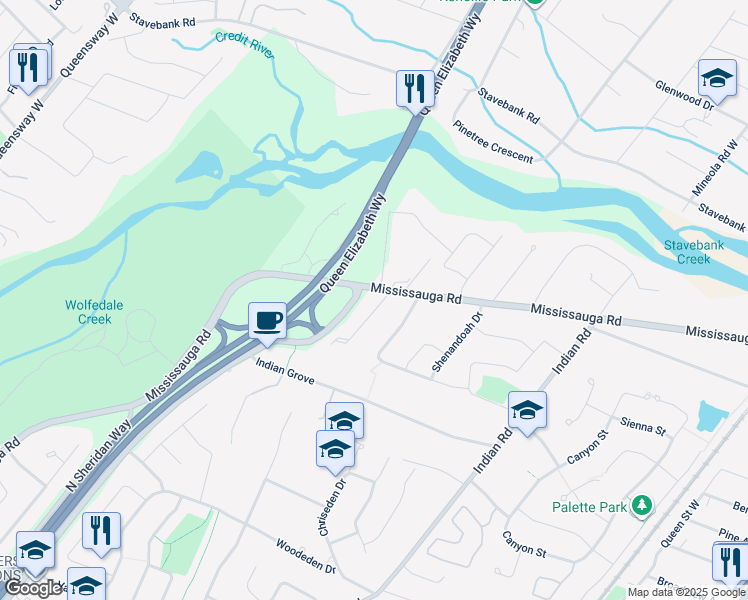 map of restaurants, bars, coffee shops, grocery stores, and more near 1540 Mississauga Road in Mississauga