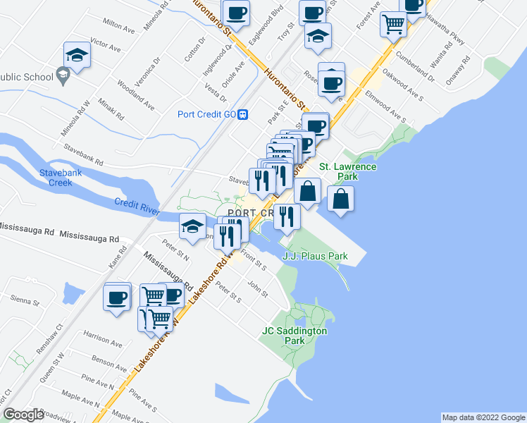 map of restaurants, bars, coffee shops, grocery stores, and more near 14 Lakeshore Road East in Mississauga