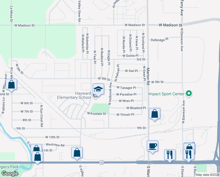 map of restaurants, bars, coffee shops, grocery stores, and more near 802-856 North Holbrook Avenue in Sioux Falls