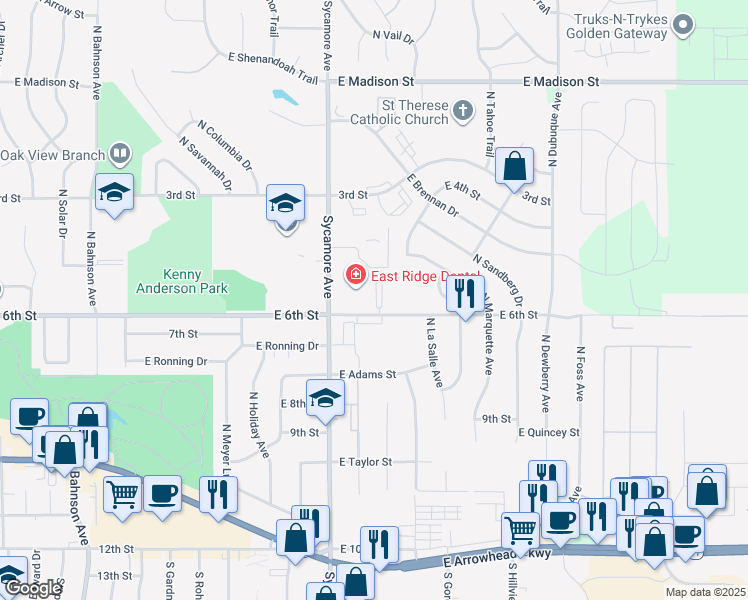 map of restaurants, bars, coffee shops, grocery stores, and more near East 6th Street in Sioux Falls