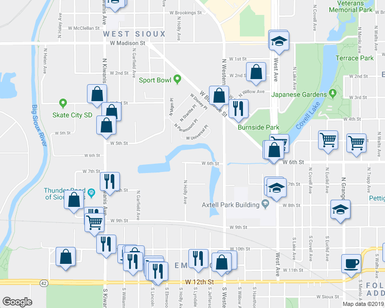 map of restaurants, bars, coffee shops, grocery stores, and more near 2100 West 6th Street in Sioux Falls