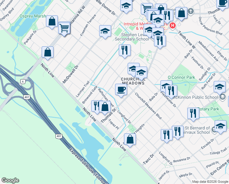 map of restaurants, bars, coffee shops, grocery stores, and more near 5748 Philip Drive in Mississauga