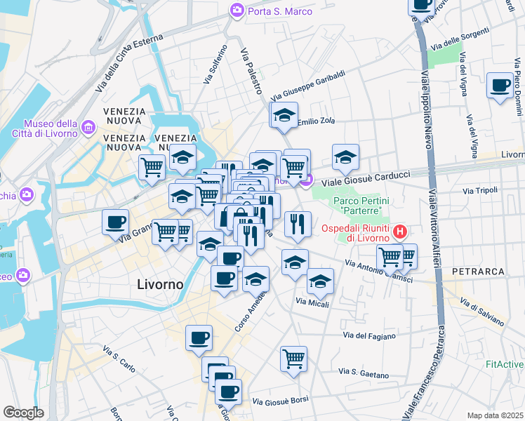map of restaurants, bars, coffee shops, grocery stores, and more near 79 Via Mentana in Livorno