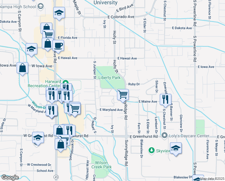 map of restaurants, bars, coffee shops, grocery stores, and more near 1717 SunnyRidge Road in Nampa