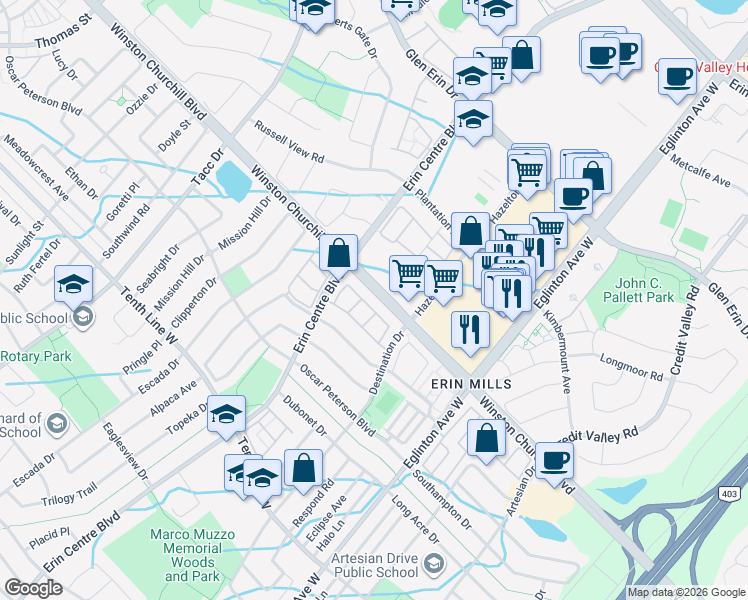 map of restaurants, bars, coffee shops, grocery stores, and more near 5150 Winston Churchill Boulevard in Mississauga