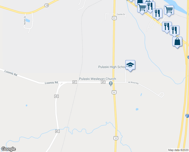map of restaurants, bars, coffee shops, grocery stores, and more near 1895 County Road 41 in Pulaski
