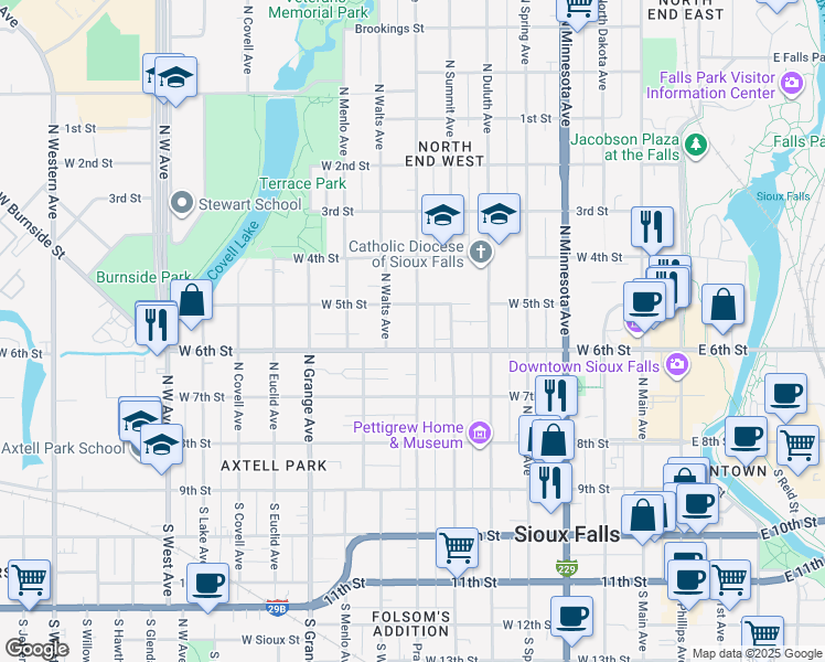map of restaurants, bars, coffee shops, grocery stores, and more near 411 North Prairie Avenue in Sioux Falls