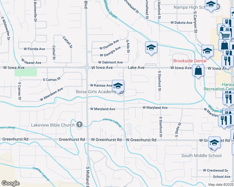 map of restaurants, bars, coffee shops, grocery stores, and more near 1723 South Horton Street in Nampa