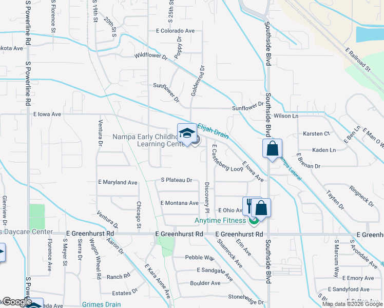 map of restaurants, bars, coffee shops, grocery stores, and more near 1701 Discovery Place in Nampa
