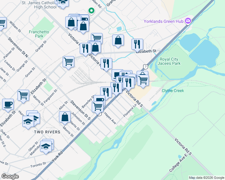 map of restaurants, bars, coffee shops, grocery stores, and more near 490 York Road in Guelph