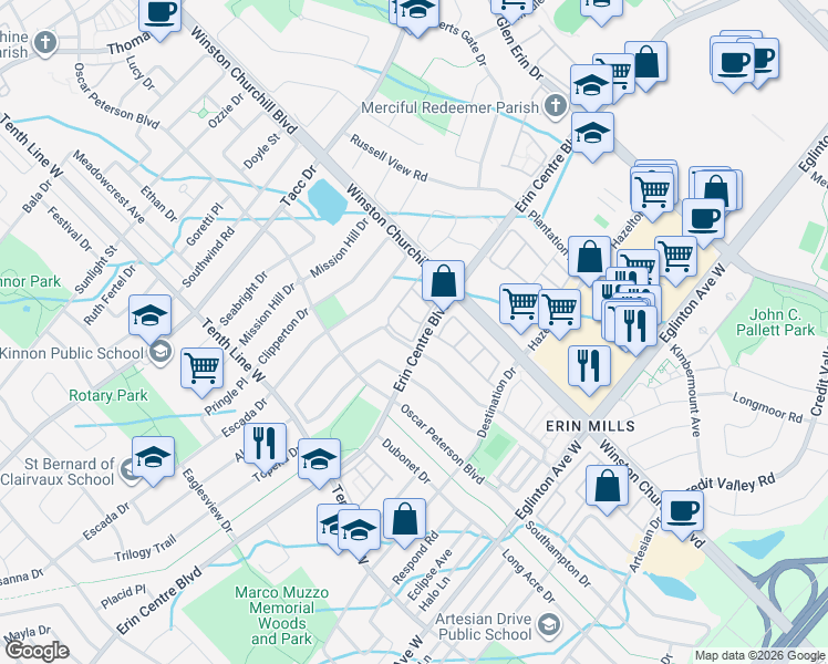 map of restaurants, bars, coffee shops, grocery stores, and more near 27 Erin Centre Boulevard in Mississauga