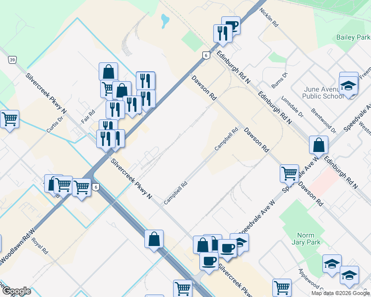 map of restaurants, bars, coffee shops, grocery stores, and more near 55 Campbell Road in Guelph