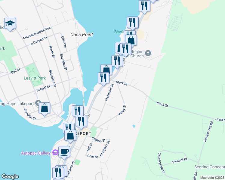 map of restaurants, bars, coffee shops, grocery stores, and more near 3 Stark Street in Laconia