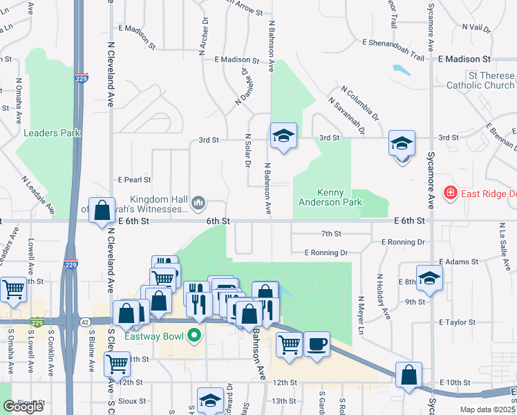 map of restaurants, bars, coffee shops, grocery stores, and more near 507 North Solar Drive in Sioux Falls