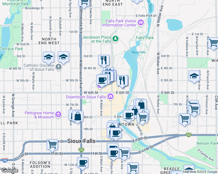 map of restaurants, bars, coffee shops, grocery stores, and more near 431 North Phillips Avenue in Sioux Falls