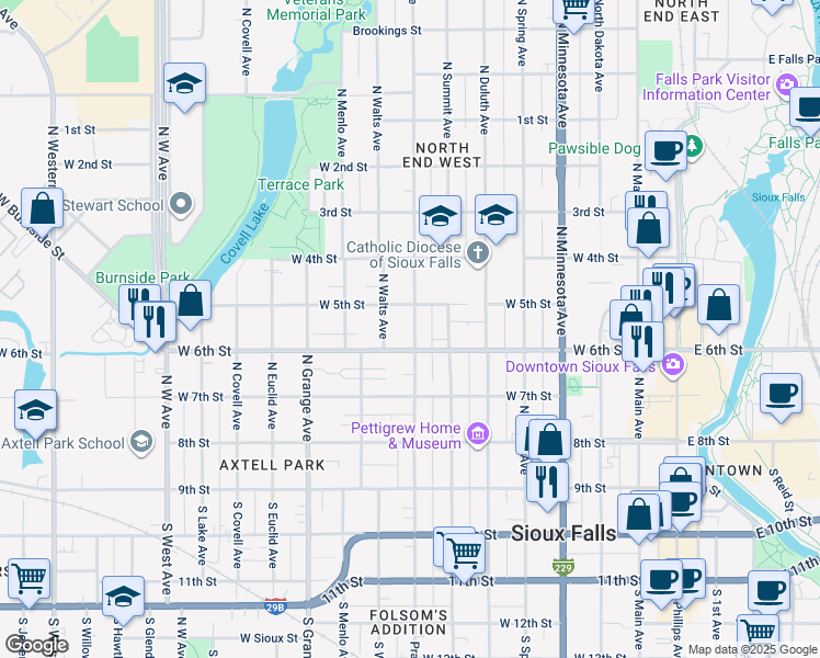 map of restaurants, bars, coffee shops, grocery stores, and more near 816 West 5th Street in Sioux Falls