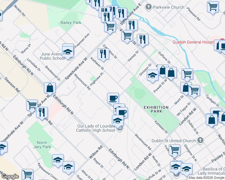 map of restaurants, bars, coffee shops, grocery stores, and more near 43 Edgehill Drive in Guelph