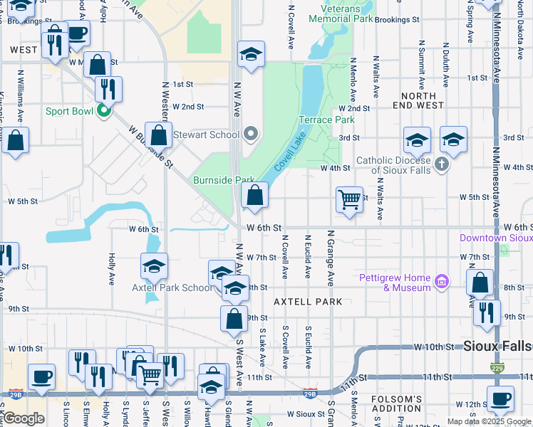 map of restaurants, bars, coffee shops, grocery stores, and more near 416 West 5th Street in Sioux Falls