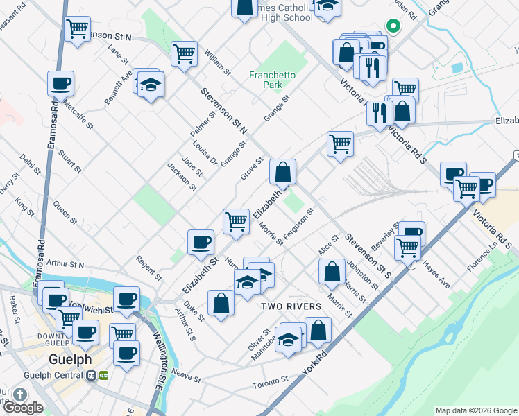 map of restaurants, bars, coffee shops, grocery stores, and more near 194 Elizabeth Street in Guelph