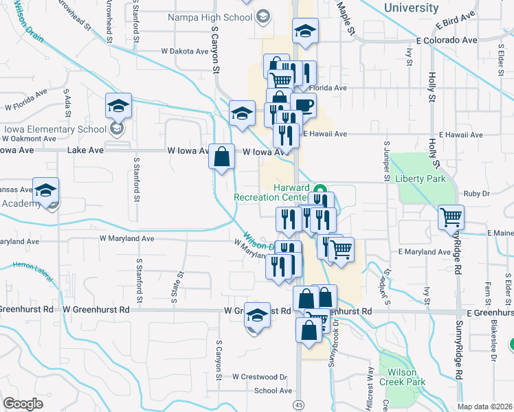 map of restaurants, bars, coffee shops, grocery stores, and more near 1623 Checola Street in Nampa