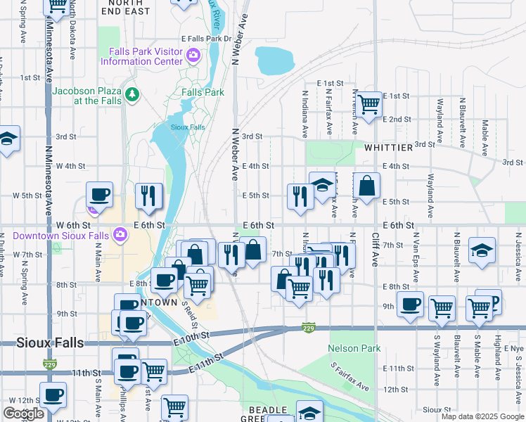 map of restaurants, bars, coffee shops, grocery stores, and more near 432 North Nesmith Avenue in Sioux Falls