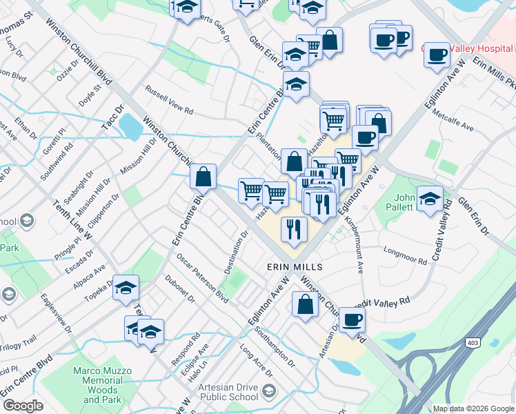 map of restaurants, bars, coffee shops, grocery stores, and more near 2935 Hazelton Place in Mississauga