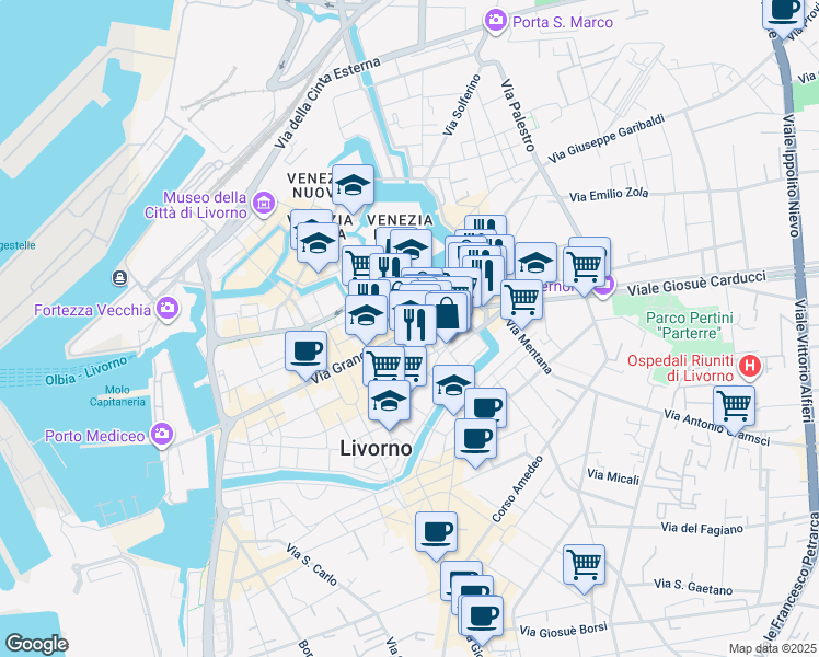 map of restaurants, bars, coffee shops, grocery stores, and more near 32 Piazza Guerrazzi in Livorno
