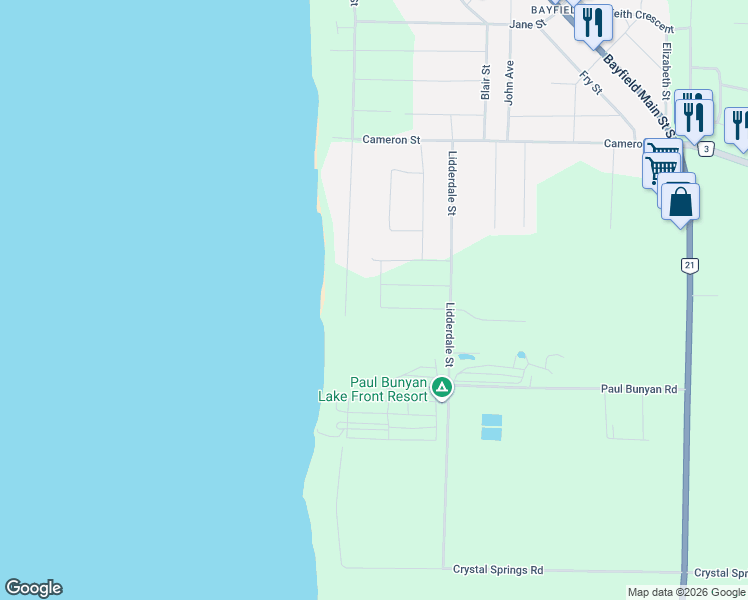 map of restaurants, bars, coffee shops, grocery stores, and more near 28 Thimbleweed Drive in Huron County