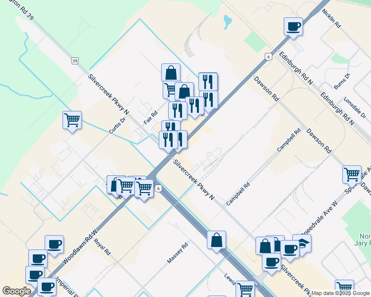 map of restaurants, bars, coffee shops, grocery stores, and more near 260 Ontario 6 in Guelph