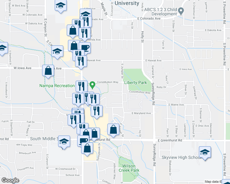 map of restaurants, bars, coffee shops, grocery stores, and more near 1715 South Juniper Street in Nampa