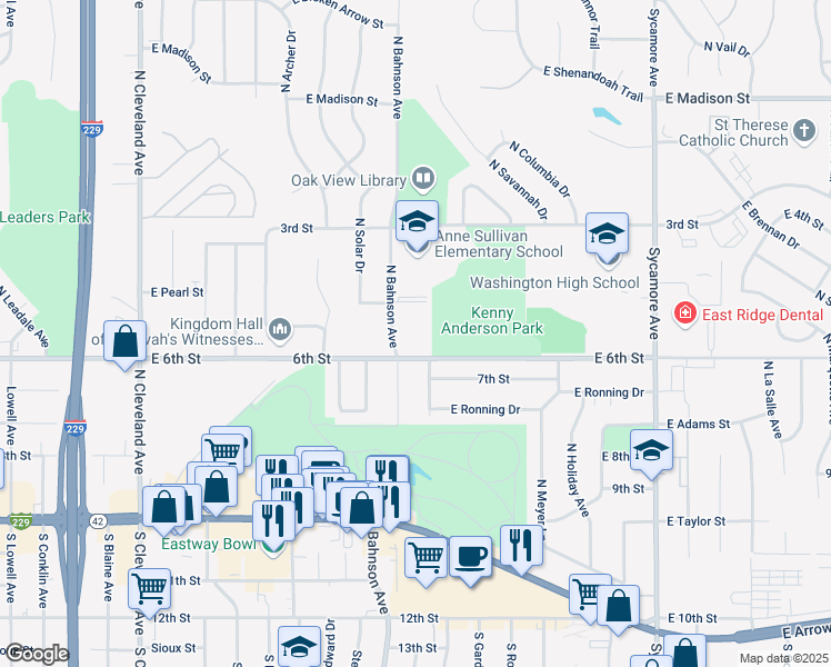 map of restaurants, bars, coffee shops, grocery stores, and more near 518 North Bahnson Avenue in Sioux Falls
