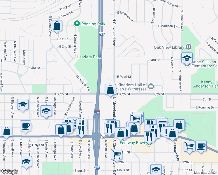map of restaurants, bars, coffee shops, grocery stores, and more near 604 North Cleveland Avenue in Sioux Falls