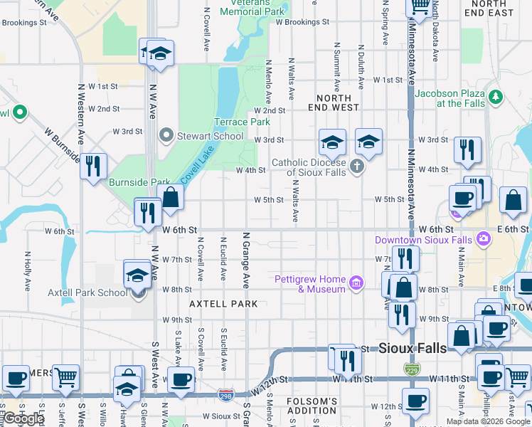 map of restaurants, bars, coffee shops, grocery stores, and more near 918 West 5th Street in Sioux Falls