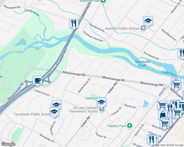 map of restaurants, bars, coffee shops, grocery stores, and more near 536 Comanche Road in Mississauga
