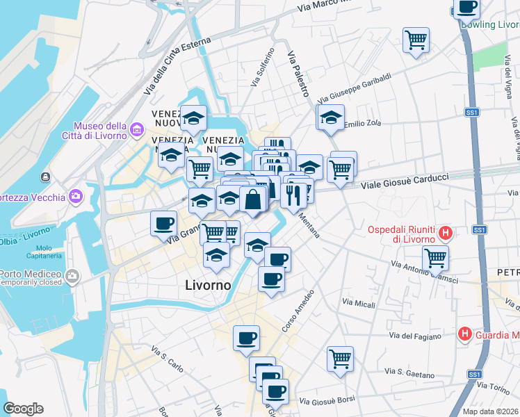 map of restaurants, bars, coffee shops, grocery stores, and more near 66 Piazza della Repubblica in Livorno