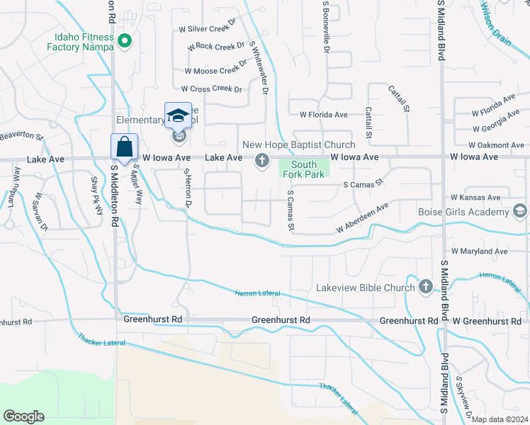 map of restaurants, bars, coffee shops, grocery stores, and more near 1721 South Oakley Avenue in Nampa