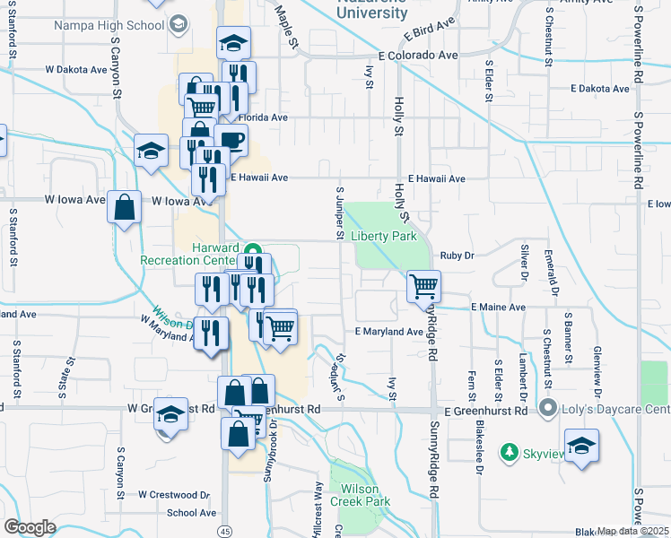 map of restaurants, bars, coffee shops, grocery stores, and more near 1717 South Juniper Street in Nampa