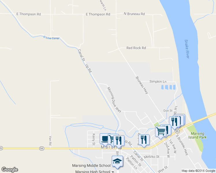 map of restaurants, bars, coffee shops, grocery stores, and more near 521 Morning Dove Way in Marsing