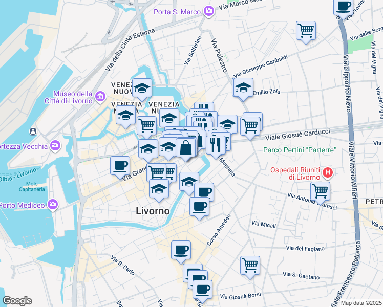 map of restaurants, bars, coffee shops, grocery stores, and more near 66 Piazza della Repubblica in Livorno