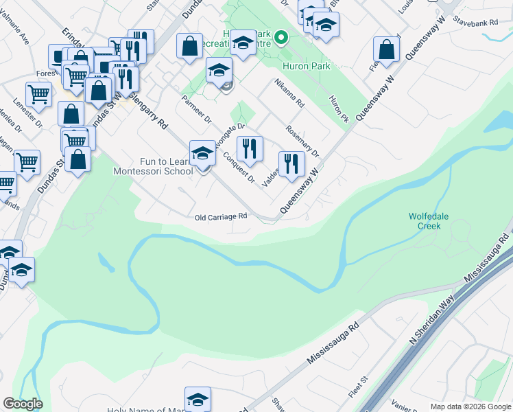 map of restaurants, bars, coffee shops, grocery stores, and more near 2339 Glengarry Road in Mississauga